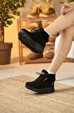 Sandal Spor Kadın Süet Kürklü Kısa Spor Bot SS001-0478 SİYAH