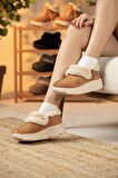 Sandal Spor Kadın Süet Kürklü Ortopedik Ayakkabı SS001-0378 TABA