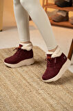 Sandal Spor Kadın Süet Kürklü Kısa Spor Bot SS001-0478 BORDO