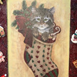 Uretti - Funda 1603 - El Yapımı Sevimli Kedi Figürü Ahşap Yılbaşı Tablosu - 29 x 38 cm