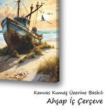 eski tekne kuşlar sahil plaj baskılı kanvas duvar tablosu