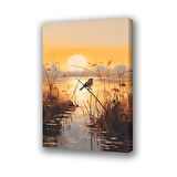 göl gün batımı sazlık kuş baskılı kanvas duvar tablosu
