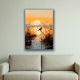 göl gün batımı sazlık kuş baskılı kanvas duvar tablosu