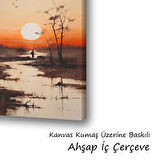 gün batımı göl kuşlar balık tutan adam baskılı kanvas duvar tablosu