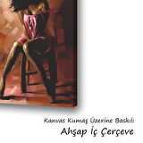 pembe elbiseli kadın sandalye baskılı kanvas duvar tablosu