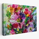 Renkli Çiçek Desenli Yağlıboya Görünüm Dekoratif Kanvas Duvar Tablosu-3568