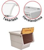 Motek Patateslik Soğanlık Sepeti Oyuncak Kutusu Tekerlekli Organızer Çok Amaçlı Kutu 4X12Lt-Bambu+Krem