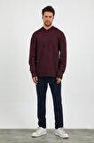 Erkek Comfort Fit Kapüşonlu Düz Sweatshirt Mürdüm