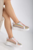 Mavis Beyaz - Renkli Kalın Tabanlı Hasır Detaylı Sneakers