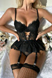  Siyah Dantelli Etekli Babydoll Takım 16511