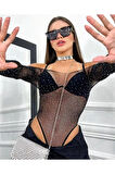 Beatiful Parlak Elmas Taşlı Omuz Detaylı File Kadın Body Bluz