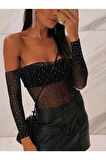 Beatiful Parlak Elmas Taşlı Omuz Detaylı File Kadın Body Bluz