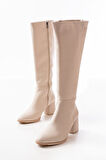 Bej Topuklu Fermuarlı Günlük Kadın Çizme