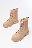  Bej Düz Topuklu Bağcıklı Lastikli Günlük Kadın Bot