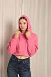 Üç İplik Kumaş Kapüşonlu Kısa Kadın Pembe Sweat