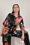Saten Kumaş Büyük Çiçek Desen Kadın Gömlek-Siyah
