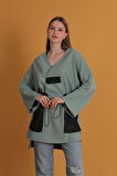 Petek Kumaş Garnili Oversize Kadın Sweat-Mint
