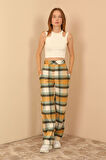 Ekose Kumaş Rahat Kalıp Kadın Pantolon-Hardal