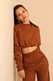 Şardonlu 3 İplik Kumaş Uzun Kol  Kadın Sweatshirt-Kahve