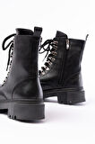 Siyah Cilt Bağcıklı Fermuarlı Günlük Kadın Bot