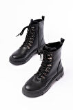 Siyah Cilt Bağcıklı Fermuarlı Günlük Kadın Bot