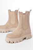  Bej Süet Yüksek Tabanlı Lastikli Günlük Kadın Bot