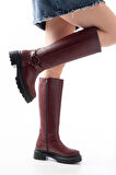Bordo Fermuarlı Günlük Kadın Çizme
