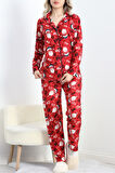 Düğmeli Süet Pijama Takımı Kırmızıbeyaz - 6486.1902.