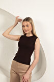 Çilek Viskon Kumaş Basic Bluz-Kahve