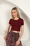Çilek Viskon Kumaş Basic Crop-Bordo