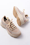Bej Bağcıklı Fileli Günlük Spor Ayakkabı