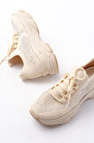 Bej Bağcıklı Fileli Taş Aksesuarlı Günlük Spor Ayakkabı