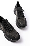 Siyah Bağcıklı Fileli Taş Aksesuarlı Günlük Spor Ayakkabı