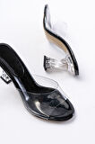 Siyah Rugan Şeffaf Bantlı Şeffaf Topuklu Yuvarlak Burunlu Kadın Terlik