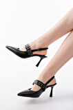 Siyah Günlük Arkası Açık Baret Tokalı Topuklu Kadın Ayakkabı