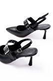 Siyah Günlük Arkası Açık Baret Tokalı Topuklu Kadın Ayakkabı