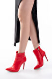 Kırmızı Yüksek İnce Topuklu Fermuarlı Kadın Bot