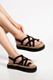 Bless Kadın Siyah Günlük Rahat Taban Hasır Sandalet Terlik