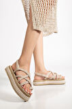 Bless Kadın Bej Günlük Rahat Taban Hasır Sandalet Terlik