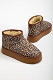 Mini Leopar Süet Yarım Bot içi Tüylü Düz Taban Kadın Ayakkabı