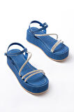 861-1017 Mavi Kot Taşlı Dolgu Topuklu Kadın Sandalet
