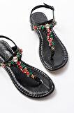 152-1110 Siyah Multi Cam Kırığı Taşlı Parmak Arası Kadın Sandalet