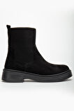 Kadın Kalın Taban Siyah Süet Elastik Yan Bantlı Günlük Bot