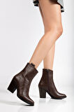 117 Kahve Kovboy Dikiş Detaylı Fermuarlı  Yüksek Topuklu Günlük Kadın Bot