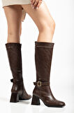 Kadın Kahverengi Cilt Küt Burun Diz Altı Topuklu Çizme
