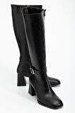 Kadın Siyah Cilt Küt Burun Diz Altı Topuklu Çizme