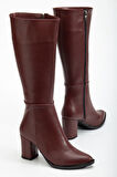 YSN-4422 Bordo Cilt Topuklu Kadın Çizme