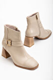Kadın Bej Küt Burun Tokalı Topuklu Bot