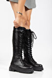 Kadın Siyah Bağcıklı Yandan Fermuarlı Günlük Çizme