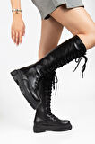 Kadın Siyah Bağcıklı Yandan Fermuarlı Günlük Çizme